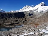 23 Shishapangma Southwest Base Camp With View Of Goldum, Risum, Shishapangma, Pungpa Ri and Nyanang Ri We finally reach Shishapangma Southwest Base Camp (5276m) with the view of Goldum, Risum, Shishapangma, Pungpa Ri and Nyanang Ri. The ABC used by the 1982 British expedition was a �friendly place in a little hollow amongst grass and boulders� a short distance above the top end of the lake.